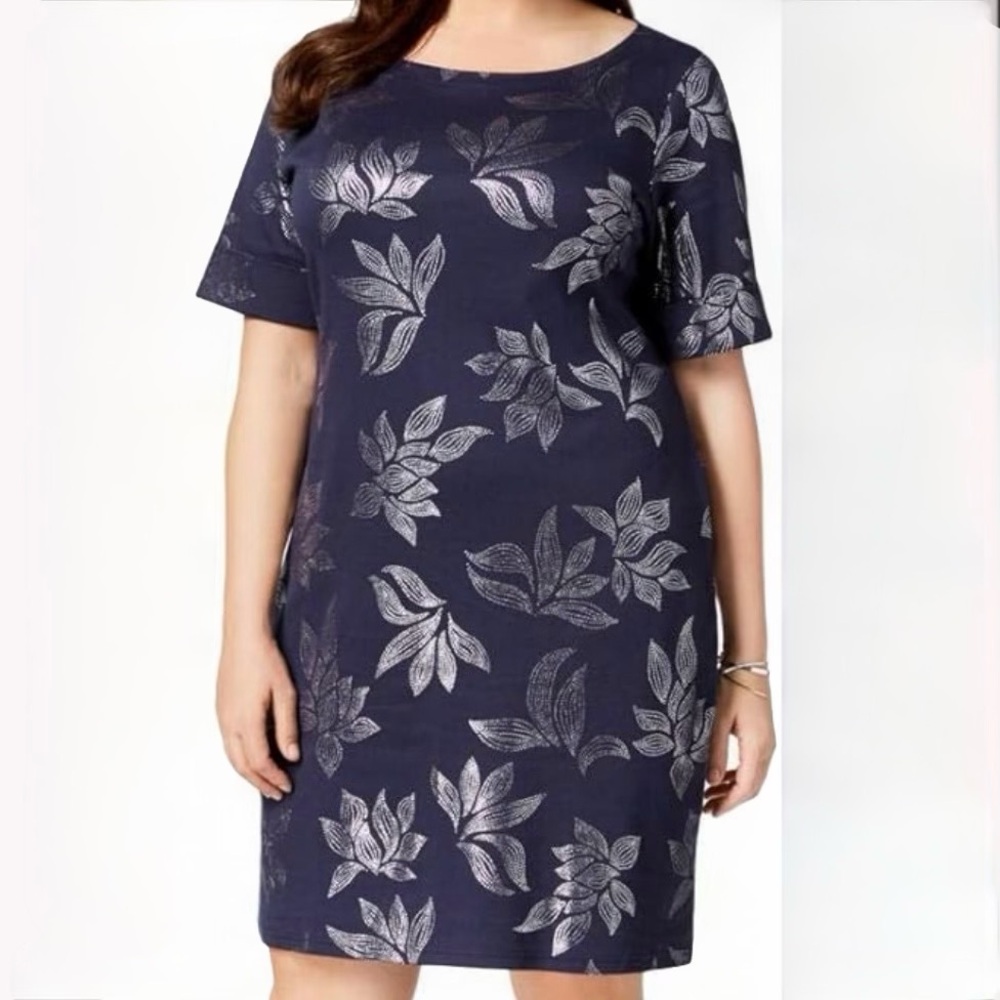 Karen Scott Sport Navy Metallic Leaf Print Cuffed Sleeve Shift Dress Work L EUC